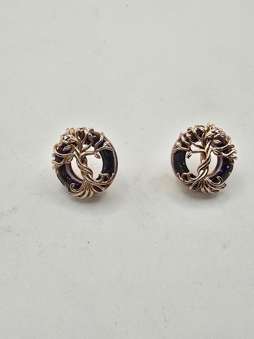 Rose Gold plated Sterling Silver Circular Shaped Crystal Tree Of Life Studs